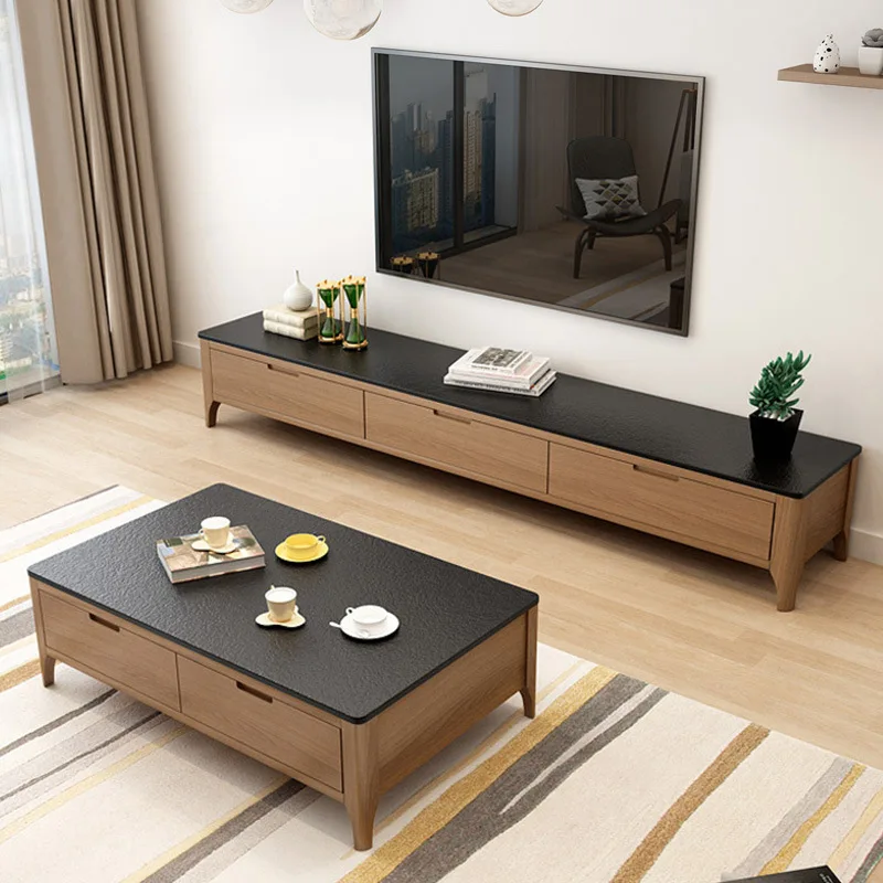 

Solid Wood Marble Coffee Table TV Cabinet Unit Set Modern Minimalist Living Room Ash Wood Fire Stone Northern European-Style Tea