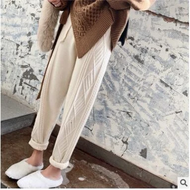 Beige Осенняя уличная одежда, плотные женские брюки,, Осенние, зимние, высокая талия, свободные, на завязках, эластичная талия, твист, шерсть, брюки - Цвет: Beige