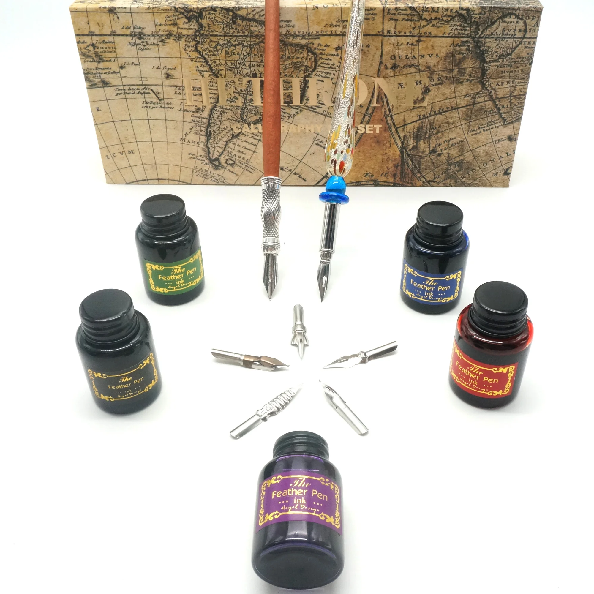 Hethrone Quill винтажный Изготовленный вручную деревянный Dip-ручка для письма, калиграфия, стеклянный деревянный стержень, подарочный набор ручек, набор чернильных Dip-ручек