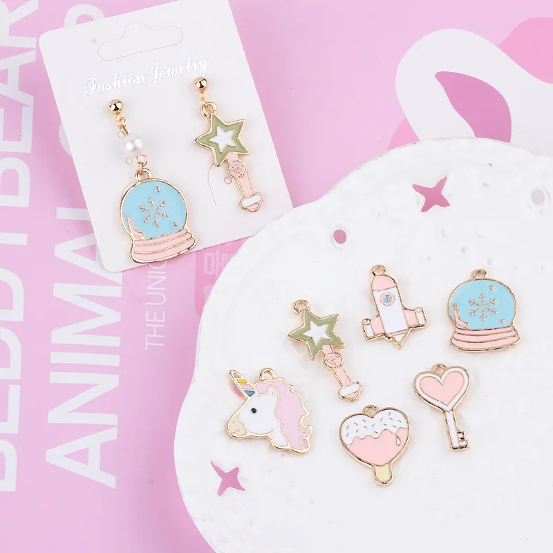 

10pcs Alloy Heart Unicorn Magic Wand Rocket Enamel Charms Gold Tone Earring Pendants Fit DIY Bracelet Jewelry Accessories FX510
