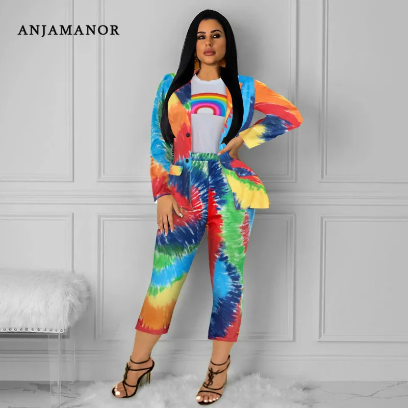 

ANJAMANOR Rainbow Tie Dye Print Two Piece Set Top Blazer and Pants Business Casual 2 Piece Outfits for Women Suits Fall D52-AI76