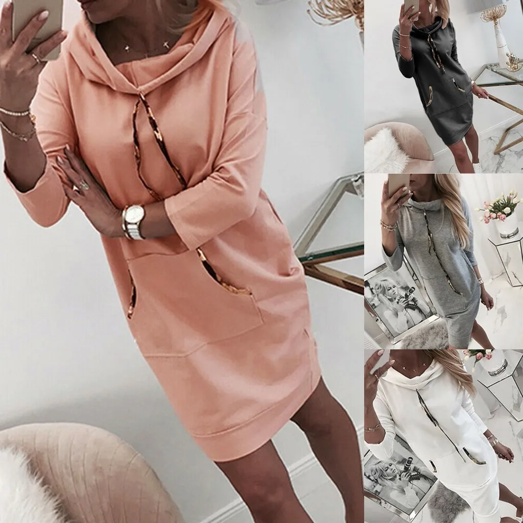

Women Solid Color Pullover Sweatshirt Drawstring Pocket Sweater Long Sleeve Hooded Winter Keep Warm Casual Dress Women Clothes