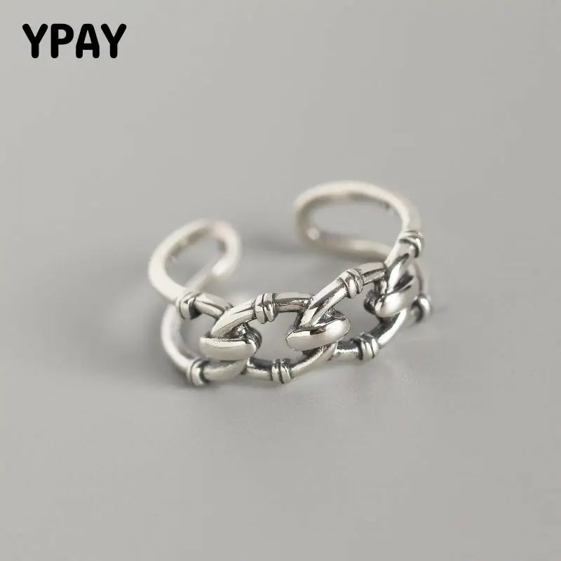 

YPAY Pure 925 Sterling Silver Adjustable Ring Womens Mens Personality Geometric Retro Old Thai Silver Chain Finger Rings YMR830