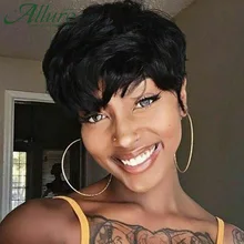 

Natural Black Women Short Human Hair Wigs With Bangs Brazilian Hair Cheap Burgundy Brown Full Machine Made Pixie Cut Wig Allure