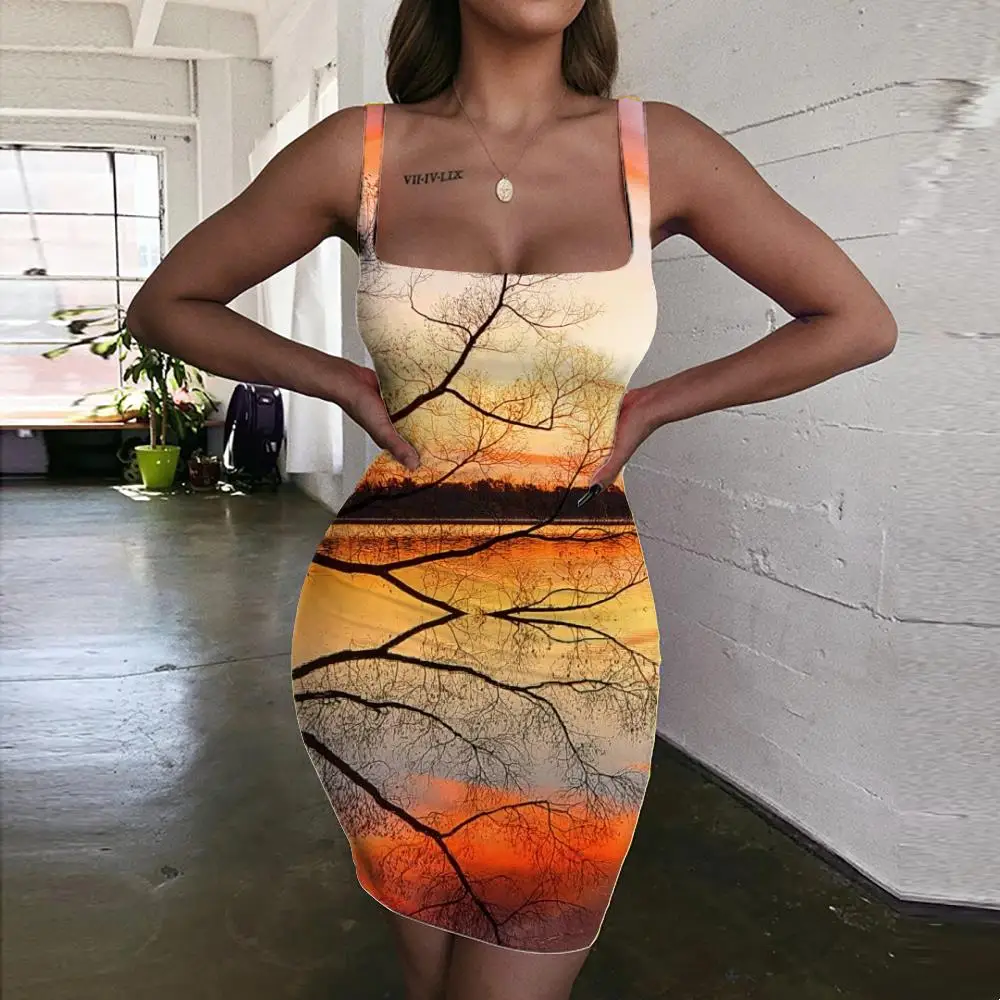 

KYKU Brand Landscape Dresses Women Tree Halter Sleeveless Forest Sundress River Ladies Dresses Womens Clothing Club New