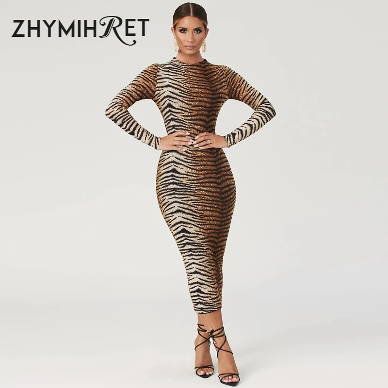 ZHYMIHRET Осень зима 2019 облегающее сексуальное платье с леопардовым принтом женское