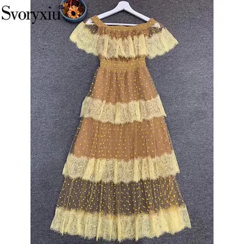 

Svoryxiu Fashion Designer Summer Lace Mesh Maxi Dresses Women's Elastic Waist Ruffles Sleeve Dot Elegant Long Dresses Vestdios