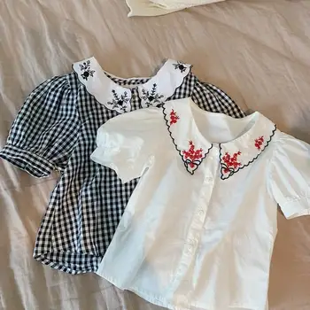 

Baby Girl Shirts 2020 Summer new Korean Embroidery Collar Short Sleeve Blouse Preppy Style Top YW001