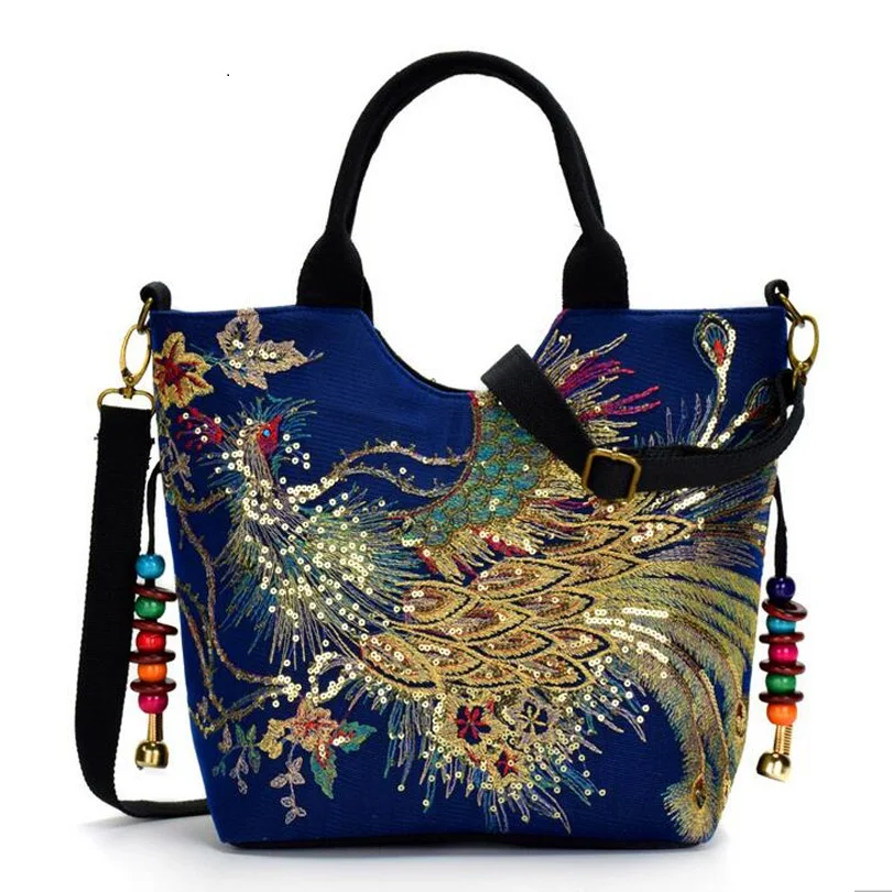 

2021 New Embroidered Bag China National Canvas Peacock Embroidery Handbag Shoulder Portable Women Messenger Bags YX2957B