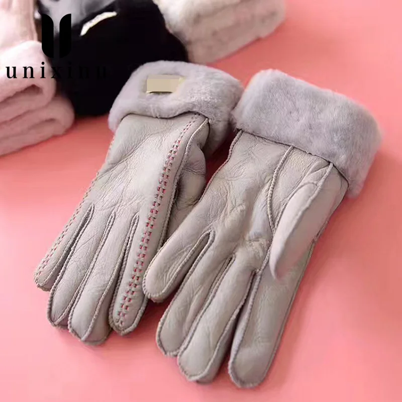 Gloves PU Leather Women Gloves Lady Waterproof Rabbit Fur Thick Warm Spring Winter Gloves Christmas Gifts