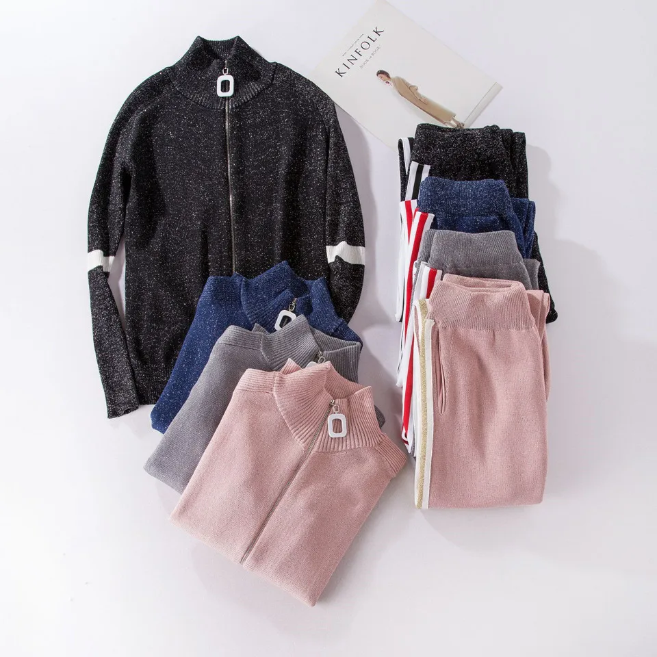 

Turtleneck Zipper jacket and Stripe Pants Knitted Two Piece Sets 2019 New Autumn Women Tracksuit Plus Size ropa deportiva mujer