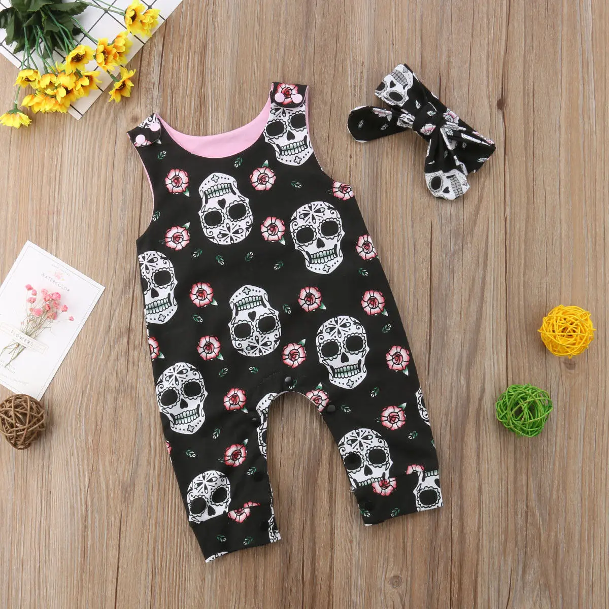 Halloween Newborn Baby Rompers Boys Girls Skull Flower Romper Jumpsuit 2PCS Outfit Costume Holiday Cute Baby Clothing