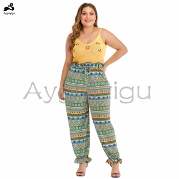 

Aygaiyigu Women Vintage Printed Pants Large Size Ladies Casual Ruffles-edgeTrousers High Waist Big Size Bloom Pants with Sashes