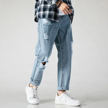 

#1443 Spring Summer Ripped Jeans For Men Blue Distressed Denim Jeans With Holes Fashions Straight Hip Hop Jeans Men High Street