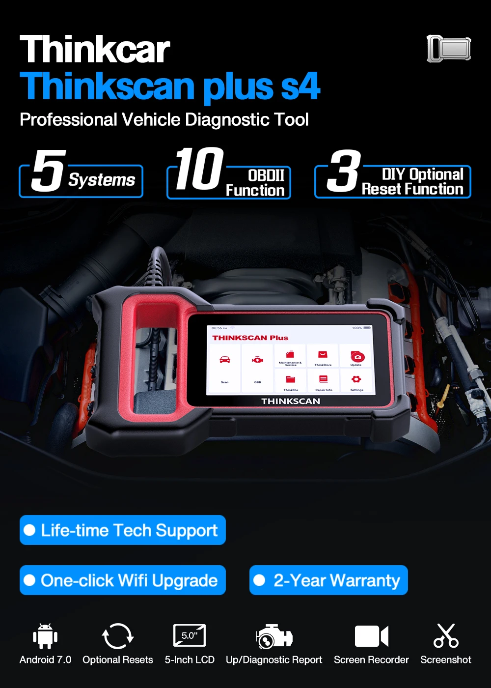 THINKCAR ThinkScan Plus S4 OBD2 Scanner ABS SRS Engine Code Reader AT BCM DPF EPB OIL EGR Reset Diagnostic Tools Free update high quality auto inspection equipment