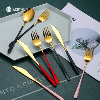 

WORTHBUY Colorful Black Cutlery Set Stainless Steel Tableware Knife Spoon Fork Dinner Set For Restaurant Kitchen Dinnerware Set
