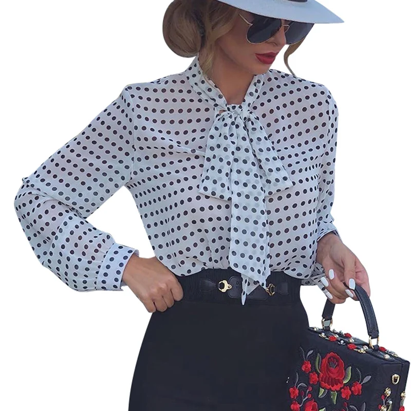 

Polka Dot Printed Womens Tops And Blouses Autumn Bow-Tie Ladies Tops Casual Loose Blouse Chiffon bluzki damskie M-3XL Blusas D35