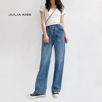 

Women Button Fly Wide Leg Jeans In Blue