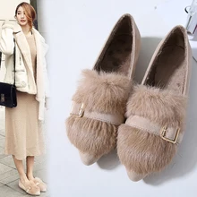 Зимний роскошный мех кролика на плоской подошве; обувь в горошек с острым носком; женские утепленные лоферы с пряжкой; удобные плюшевые теплые мокасины; эспадрильи