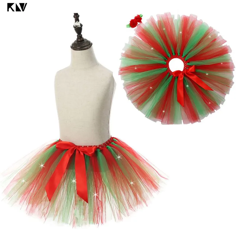 Kids Girls Christmas Red Green LED Light Up Tutu Skirt Ribbon Bowknot Fluffy Layered Ballet Dance Dress Holiday Party Costume | Детская