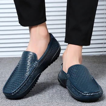 

Men Casual Shoes Luxury Brand Summer Genuine Leather Mens Loafers Moccasins Hollow Out Breathable Slip on Driving Shoes