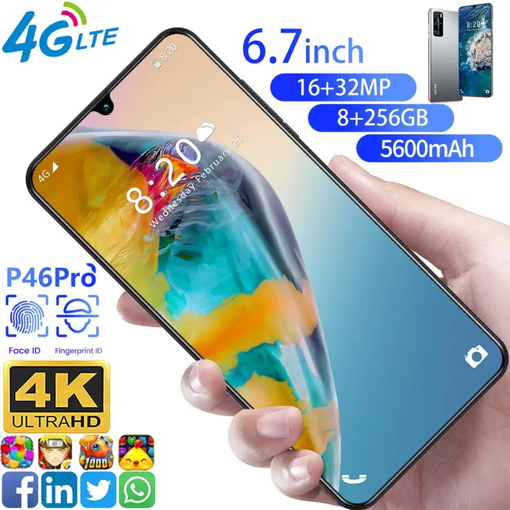 Mobile Phones P46PRO Network 6.7 Inch 8GB RAM 256GB ROM Octa Core 4 Camera Snapdragon 855 Huawe i Smart Phone Wholesale