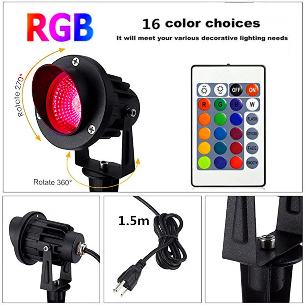 Lampada da giardino LED RGB COB da esterno da 10 W con telecomando, faretto da giardino con puntale impermeabile IP65 AC85-265 V UE_voghion.com
