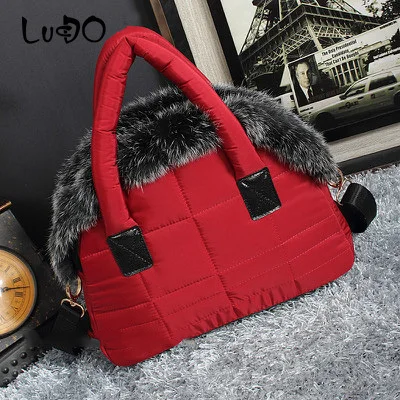 LUCDO Brand Luxury Handbag New Winter Woman Warm Space Cotton Shell Bags Designer Rabbit Fur Bag Ladies Jacket Shoulder Bag