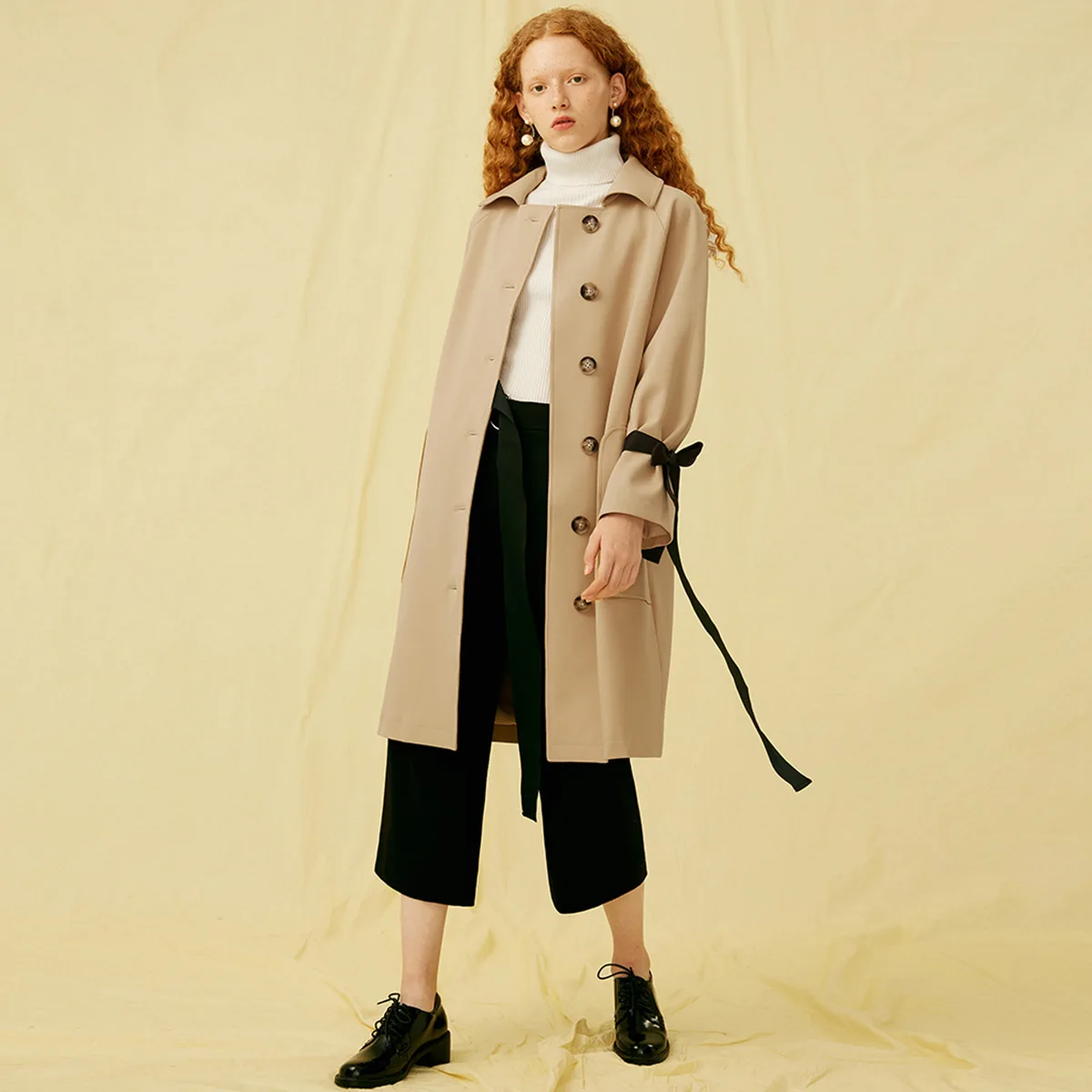 

[Haoduoyi] Hot Selling Europe And America Slimming Simple Loose Casual Contrast Color Lace-up Large Pocket Mid-length Trench Coa