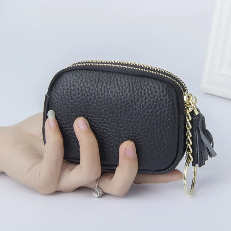 Cute Coin Purse Genuine Leather Women Card Holder Wallet Short Tassel  Clutch Purses New Fashion Double Zipper Key Chain Pocket