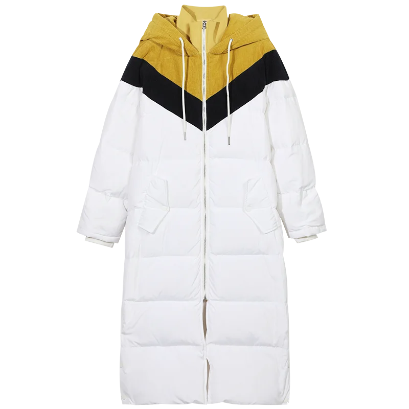 Белый SAM'S TREE White Solid Patchwork Straight Hoodies Warmness Down Coat Women Winter Drawstring Split Oversive Female Outwears - Цвет: Белый