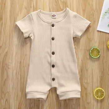 

Newborn Baby Boy Girls Short Sleeve Solid Color Button Knitted Romper Jumpsuit One-Piece Clothes
