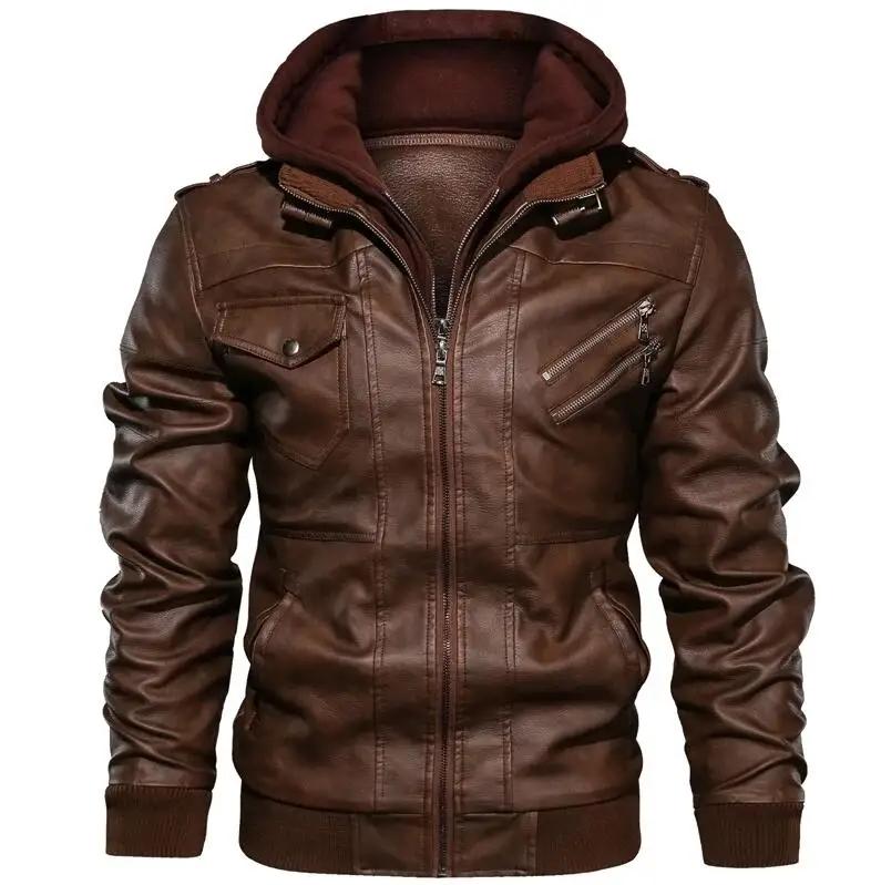 Мужская осенне-зимняя мотоциклетная кожаная куртка, ветровка с капюшоном, Куртки из искусственной кожи, мужская верхняя одежда, теплые бейсбольные куртки размера плюс 3XL - Цвет: Brown