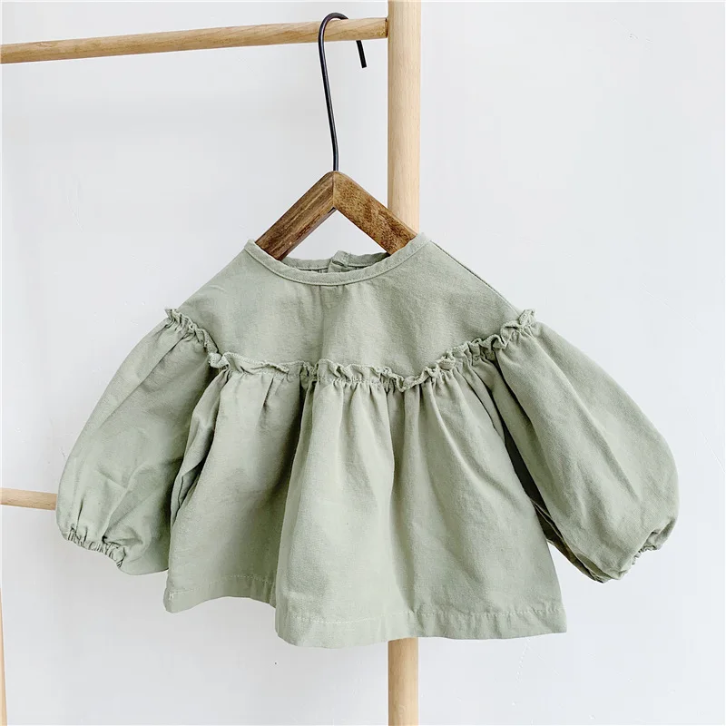 Новые осенние милые блузки для маленьких девочек Однотонные топы с рукавами-фонариками, детская одежда в Корейском стиле свободные Детские рубашки