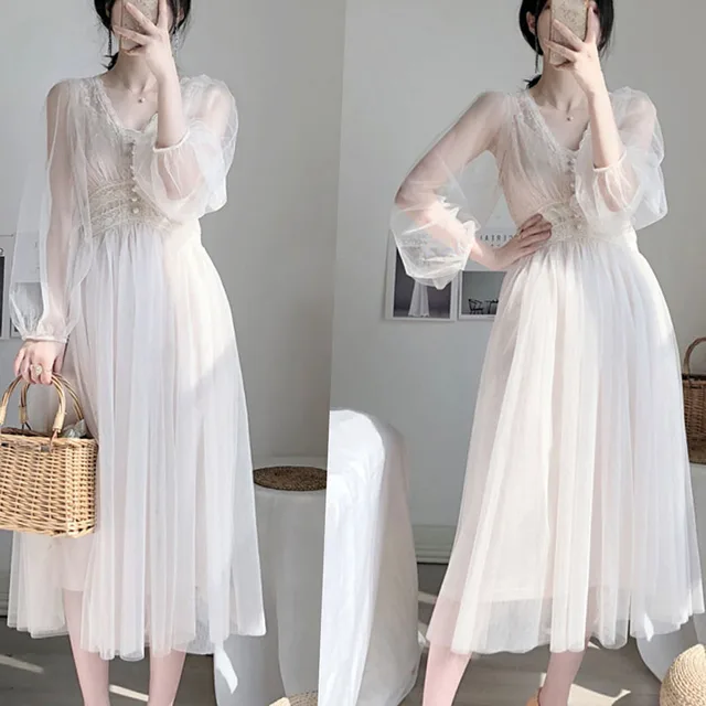 Dress Women 2021 Spring Plus Size Dresses Elegant A-Line Vestidos Solid Puff Sleeve Empire V-Neck Ladies Lace Dress Mesh 8126 50 4