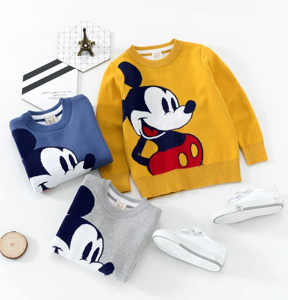 Свитер для маленьких мальчиков с вышивкой Микки Мауса; сезон осень-зима; Детские двухслойные вязаные свитера с Минни для девочек; милые топы