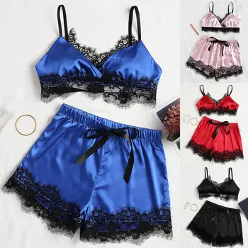 

Women Sexy Lace Patchwork Sleepwear Set Spaghetti Straps Bra Elastic Bow Shorts одежда для женщин лето Women Pajamas Sets