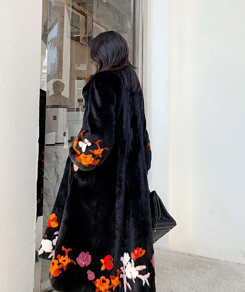 Ftangaiur Winter Import Velvet Mink Fur Coat Print Turn-Down Collar Mink Coat Women's X-Long Natural Real Mink Fur Coats