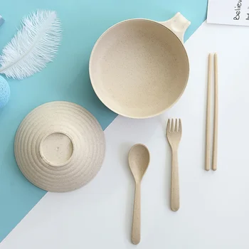 

5pcs / set Student Dormitory Instant Noodle Bowl with Lid Nordic Style Household Tableware Set Wheat Straw Lunch Box Bento Boxs