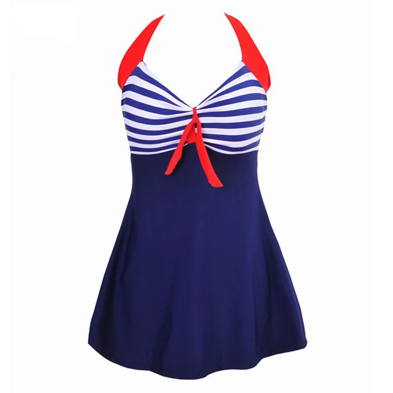 Сексуальный купальник большого размера в полоску с лямкой на шее, Женский цельный купальник, шорты Танкини, женский купальный костюм, платье 4XL, пляжная одежда - Цвет: Синий