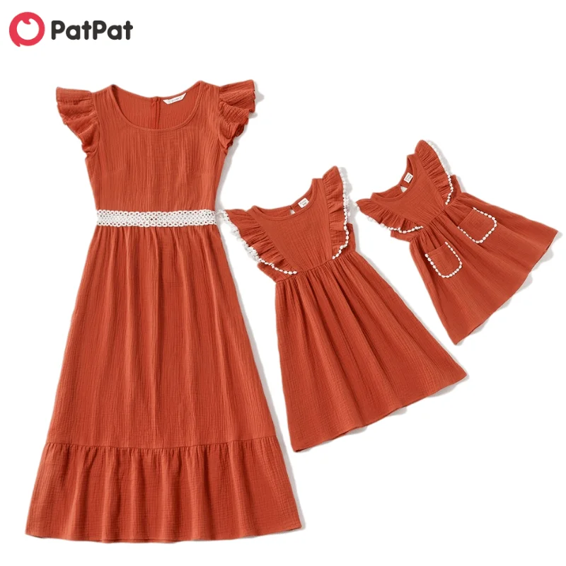 PatPat 2021 New Arrival Summer Ruffle Shoulder Matching Cotton Dresses