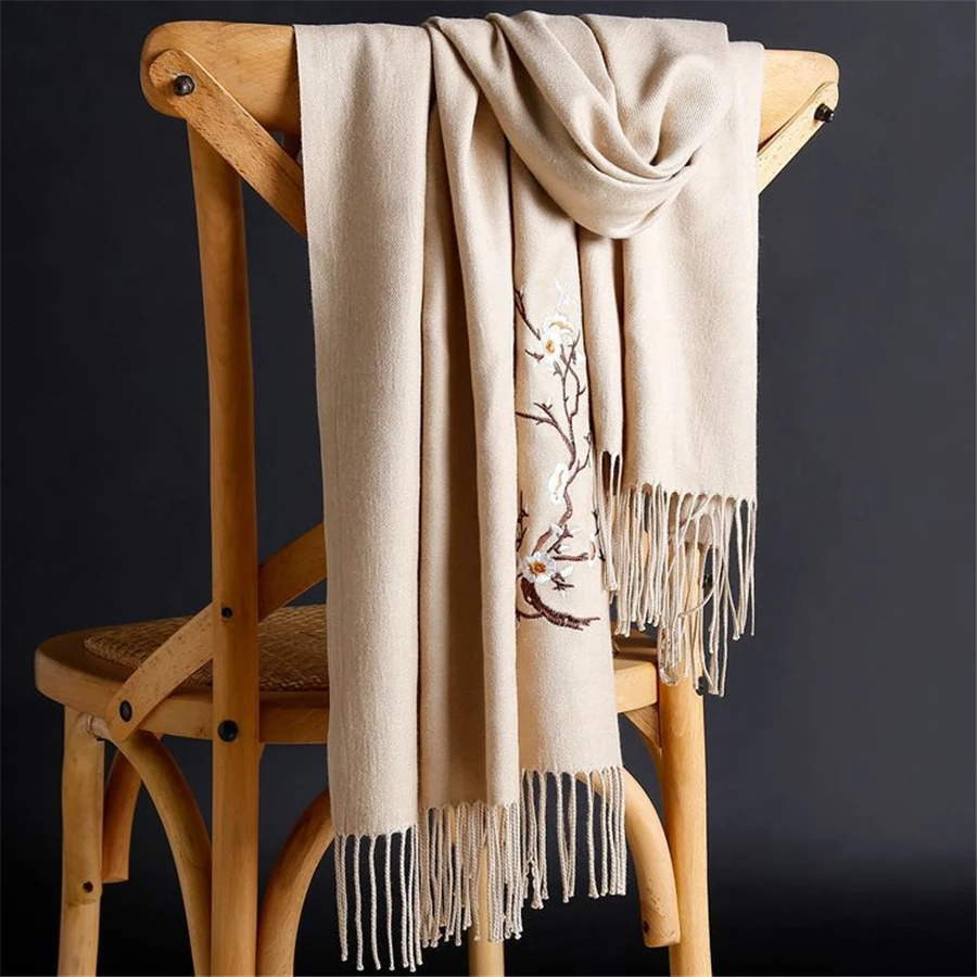 Girita Women Autumn Winter Scarf Cashmere Warm Scarves with Tassel Embroidery Solid Color Long Wraps Women Scarf Female Shawl