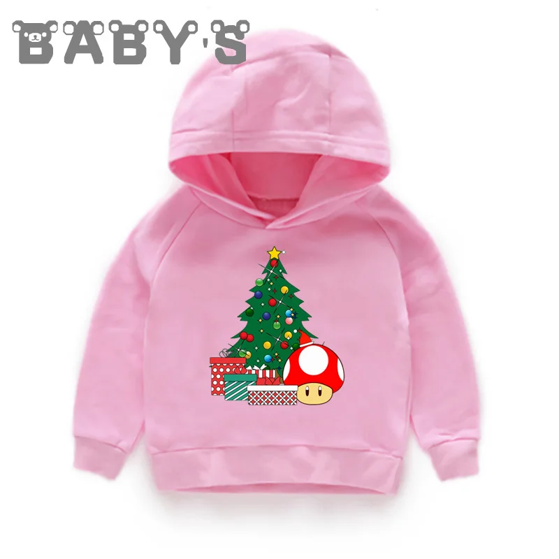 Детские толстовки с капюшоном; детские толстовки с изображением супер Марио и рождественской елки; пуловер для малышей; топы; Одежда для мальчиков и девочек; KMT5524 - Цвет: 5524G-Pink