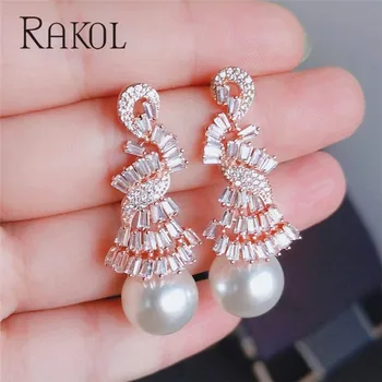 

RAKOL Luxury Imitation Pearl Full Cubic Zirconia Statment Earring Fashion CZ Engagement Women Wedding Party Jewelry RE385