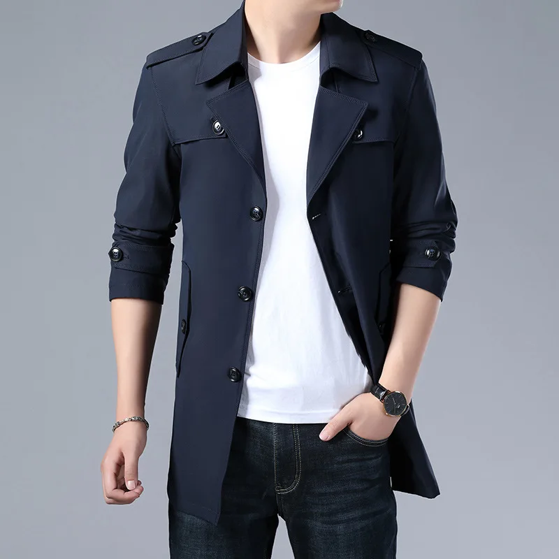 Мужской Тренч, длинное пальто, модный мужской однотонный повседневный мужской Тренч, куртка, весна-осень, пальто в стиле милитари с отложным воротником - Цвет: Dark Blue