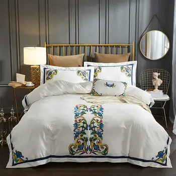 

Svetanya European Floral Flowers Soft Satin Embroidery Bedlinens 60S Egyptian Cotton Queen King Size Bedding Duvet Cover Set