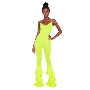 

Neon Green Bodycon One Piece Jumpsuit Women Spaghetti Strap Sleeveless Backless Party Romper Flare Pants Elegant Sexy Overalls