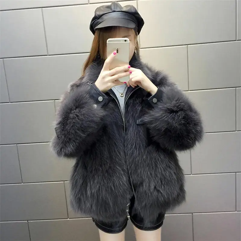 gray Women Autumn Winter Real Natural Fox Fur Short Coat Female Fashion Long Sleeve Jacket Casual Warm Genuine Fur overcoat T266 - Color: gray