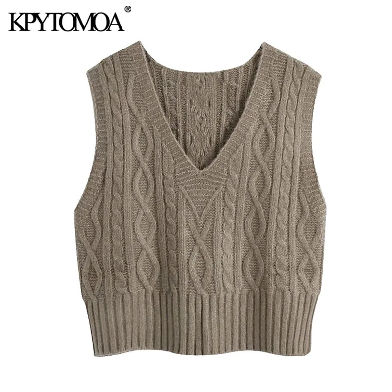 KPYTOMOA Women 2021 Fashion With Ribbed Trims Cable Knitted Vest Sweater Vintage V Neck Sleeveless Female Waistcoat Chic Tops |