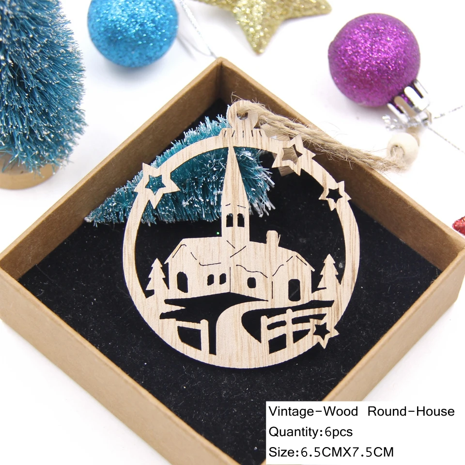 6pcs Round-House 6 шт./лот, винтажные полые рождественские подарки, Деревянные Подвески, украшения из дерева, елочные украшения, детские игрушки, подарки - Цвет: 6pcs Round-House